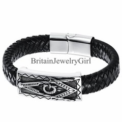 11mm Black Leather Braided Freemasonry Free-Mason Stainless Steel Bracelet Mens