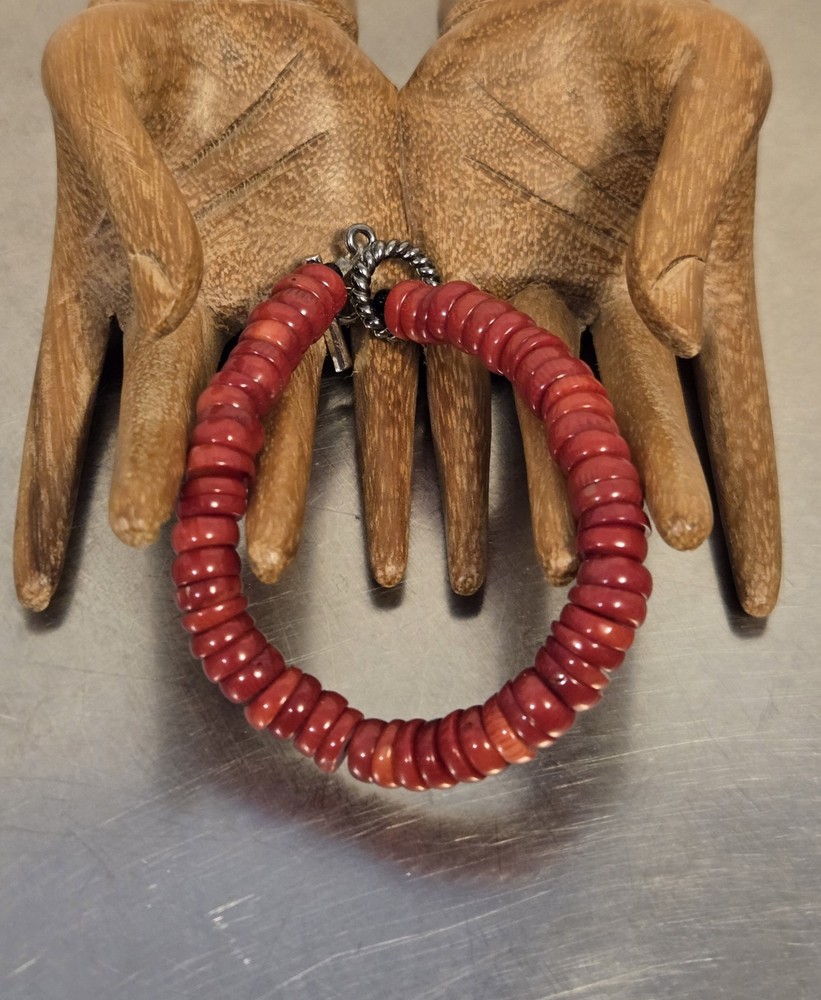 Red Coral Discs Beaded Bracelet 8 Inches