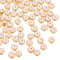 60 Pcs 8mm Flat Round Evil Eye Beads with Golden Edge, Pink