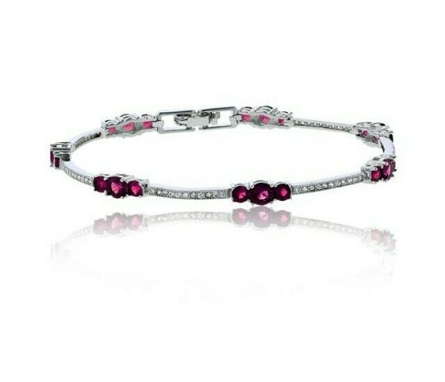 Sterling Silver Rhodium 3-Stone Pave Ruby & White CZ 7" Tennis Bracelet MSRP 48$