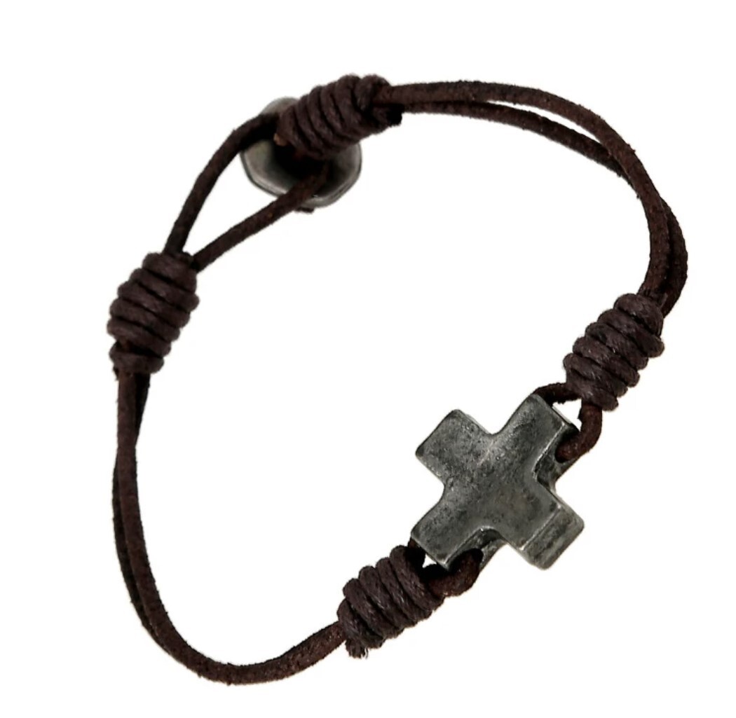 Silver Plated Alloy Brown Leather Cross Bracelet 8.7 inch (22 cm) gallery