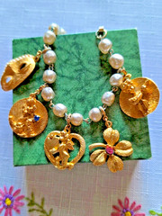 5 Vintage Costume Pearl Chain Add Clip On Gold Charms Silvertone Bracelet 6.5″