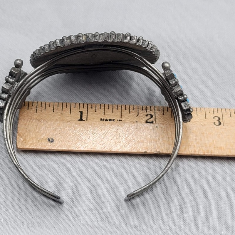 Southwest Style Cuff Bracelet Dark Gray Metal Blue Acrylic Accents Signed NR gallery