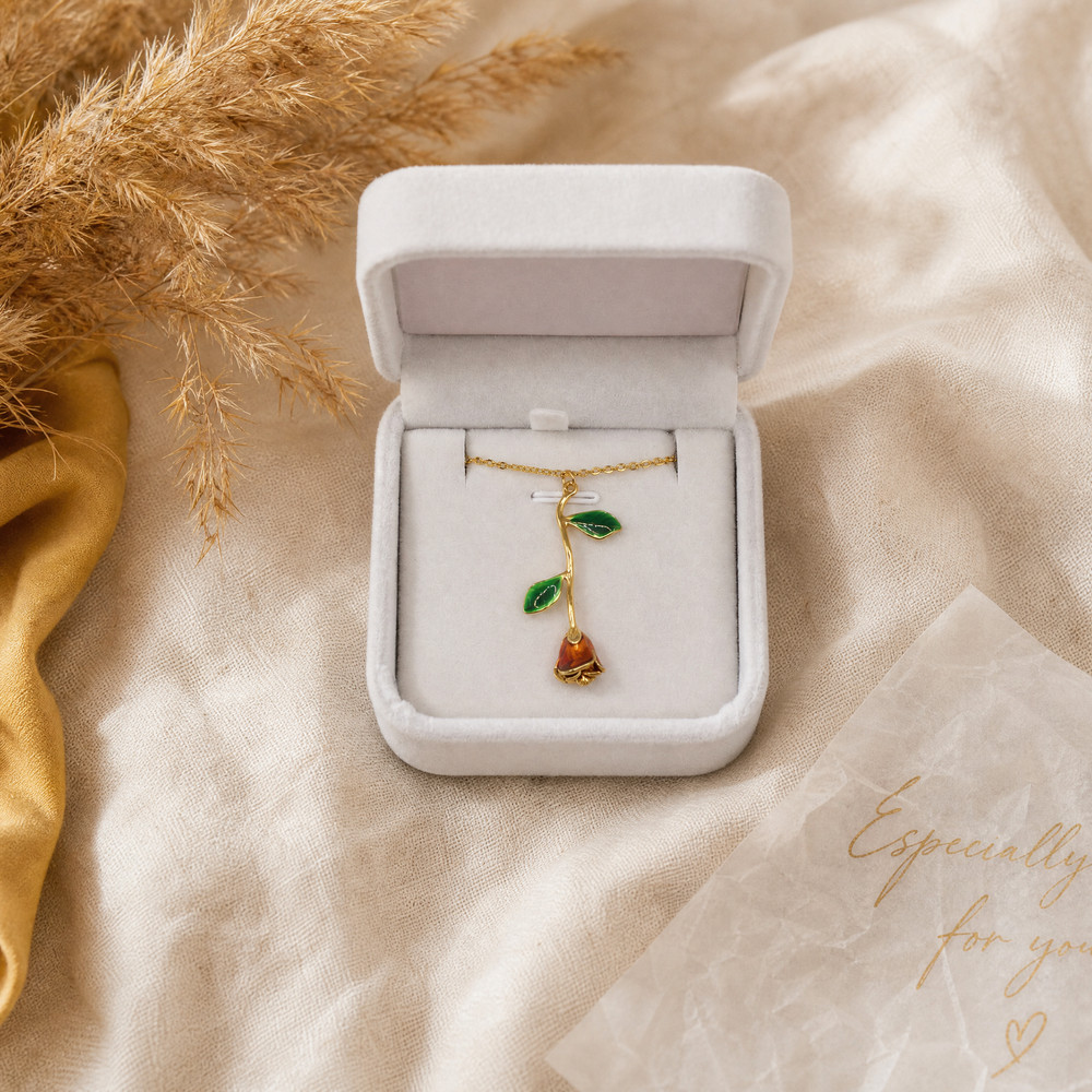 Rose Necklace Enamel Rose Flower Pendant Dainty Long Stem Rose Necklace