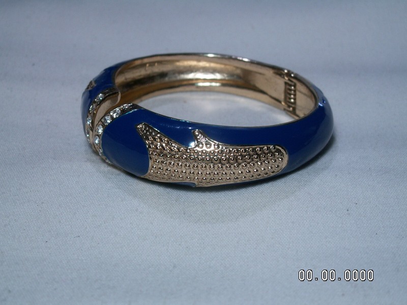 ...AMRITA SINGH...Gold Tone, Crystals, Blue Enamel Graduated Hinged Bracelet... gallery