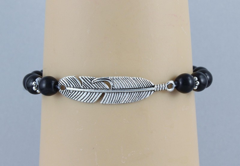 feather bracelet stretch Black Silver stretchy beaded bracelet metal charm gallery