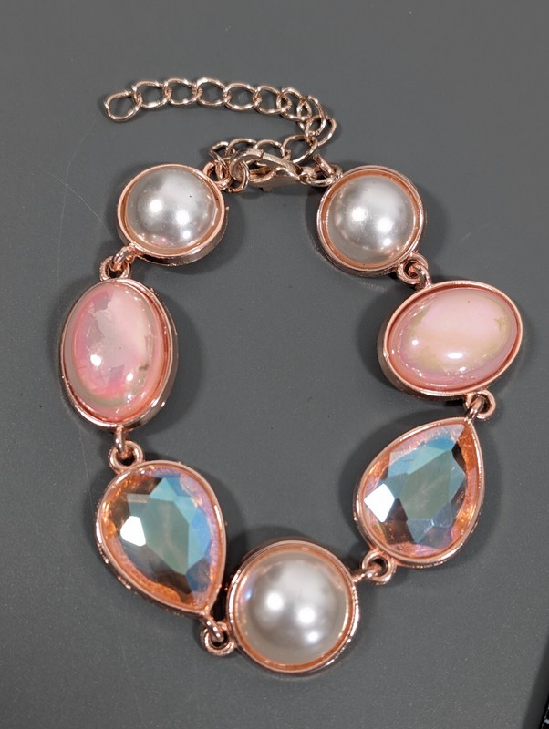 Rose Gold Tone Pink Iridescent AB Crystal Faux Pearl Bezel Tennis Bracelet 9 in gallery