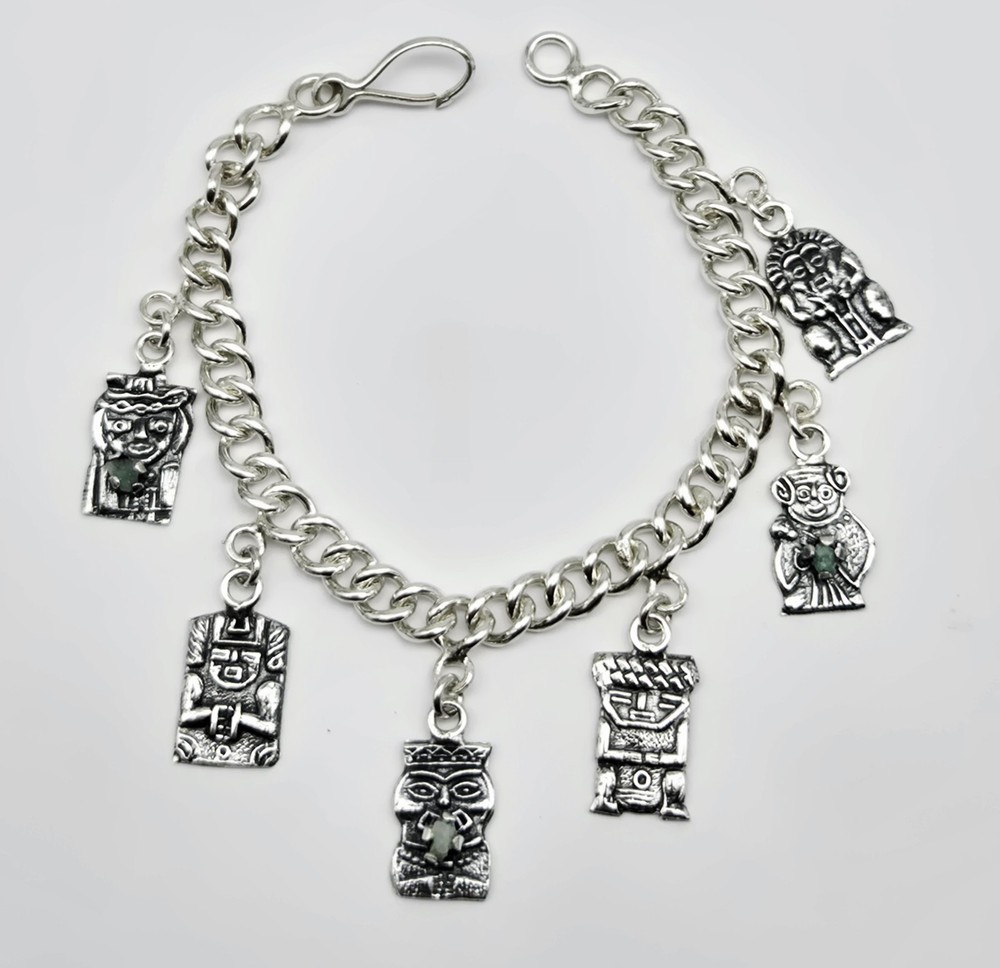 VTG 900 Sterling Silver Mayan Figural Charm Bracelet w 6 Charm Pendants 6"