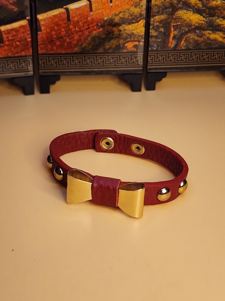 KING STAR Signed Red Leather Bracelet Gold Bow & Studs Snap Closure FREE $HIP!!