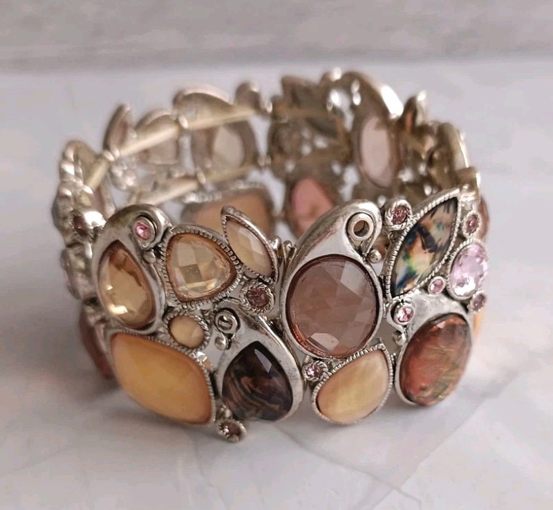 Silver Tone Stretchy Cuff Bangle Multi Colour/Shape Rhinestones VGC gallery