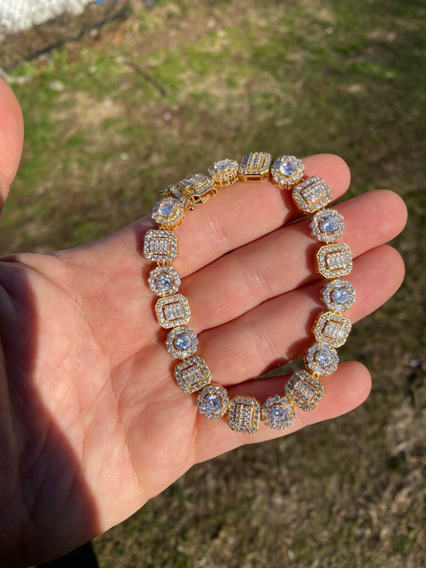 Solid 925 Sterling Silver 14k Gold Plated Baguette CZ Tennis Bracelet Hip Hop gallery