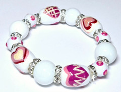 Heart Bracelet Classic White Pink Bling Woman Whimsical Heart Beaded Stretch