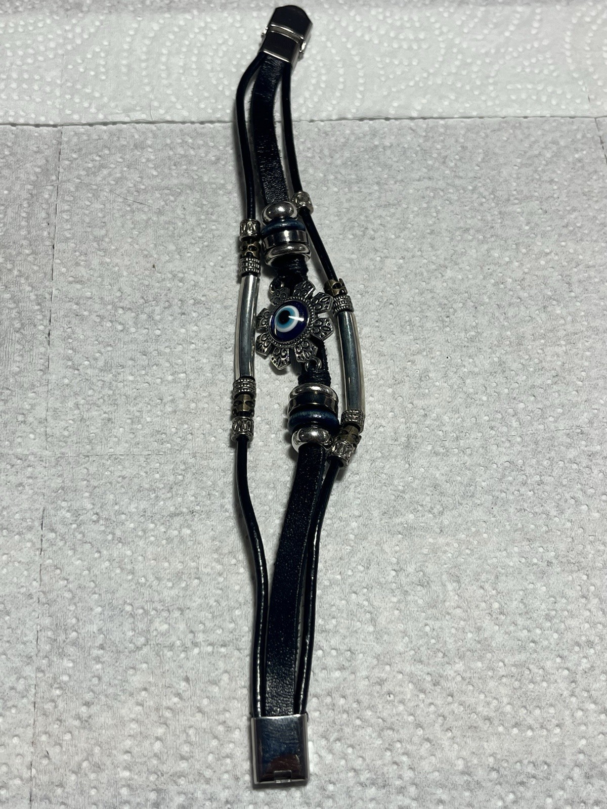Evil Eye Black Leather Bracelet Silver Tone Flower Blue Charm Adjustable Buckle gallery