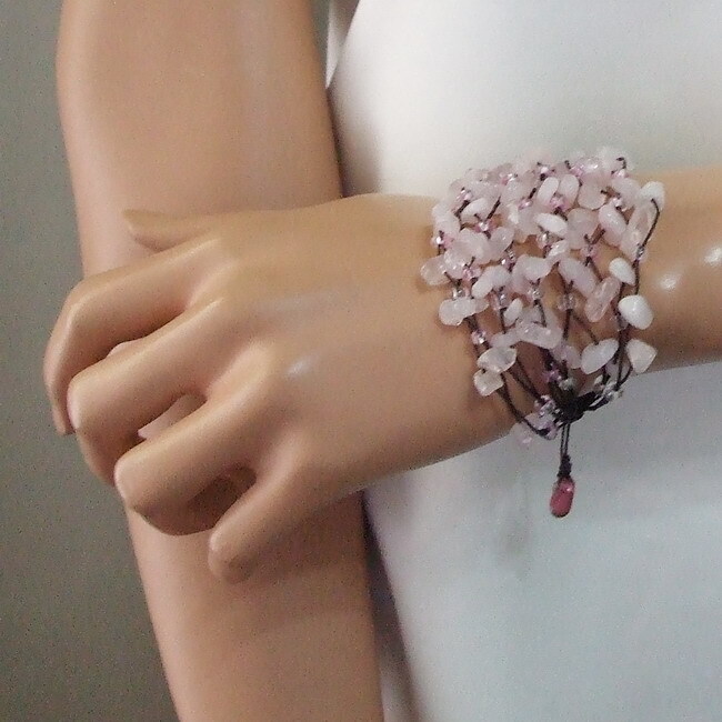 Cascading Rose Quartz Stone Cluster on Cotton Rope Layered Bracelet gallery