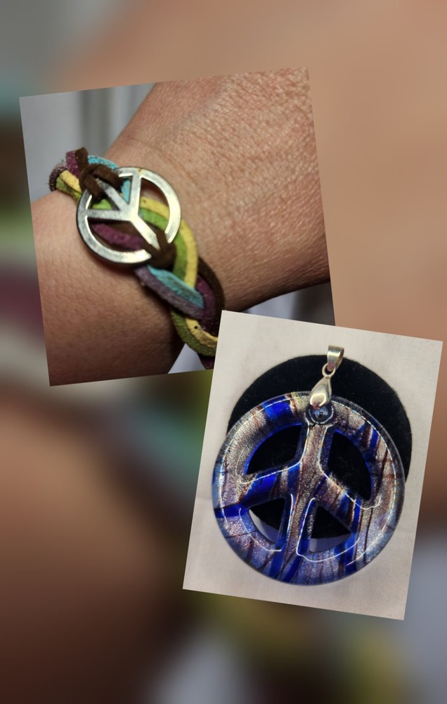 Vintage Blue & Silver Glass Peace Sign Pendant & Peace Bracelet
