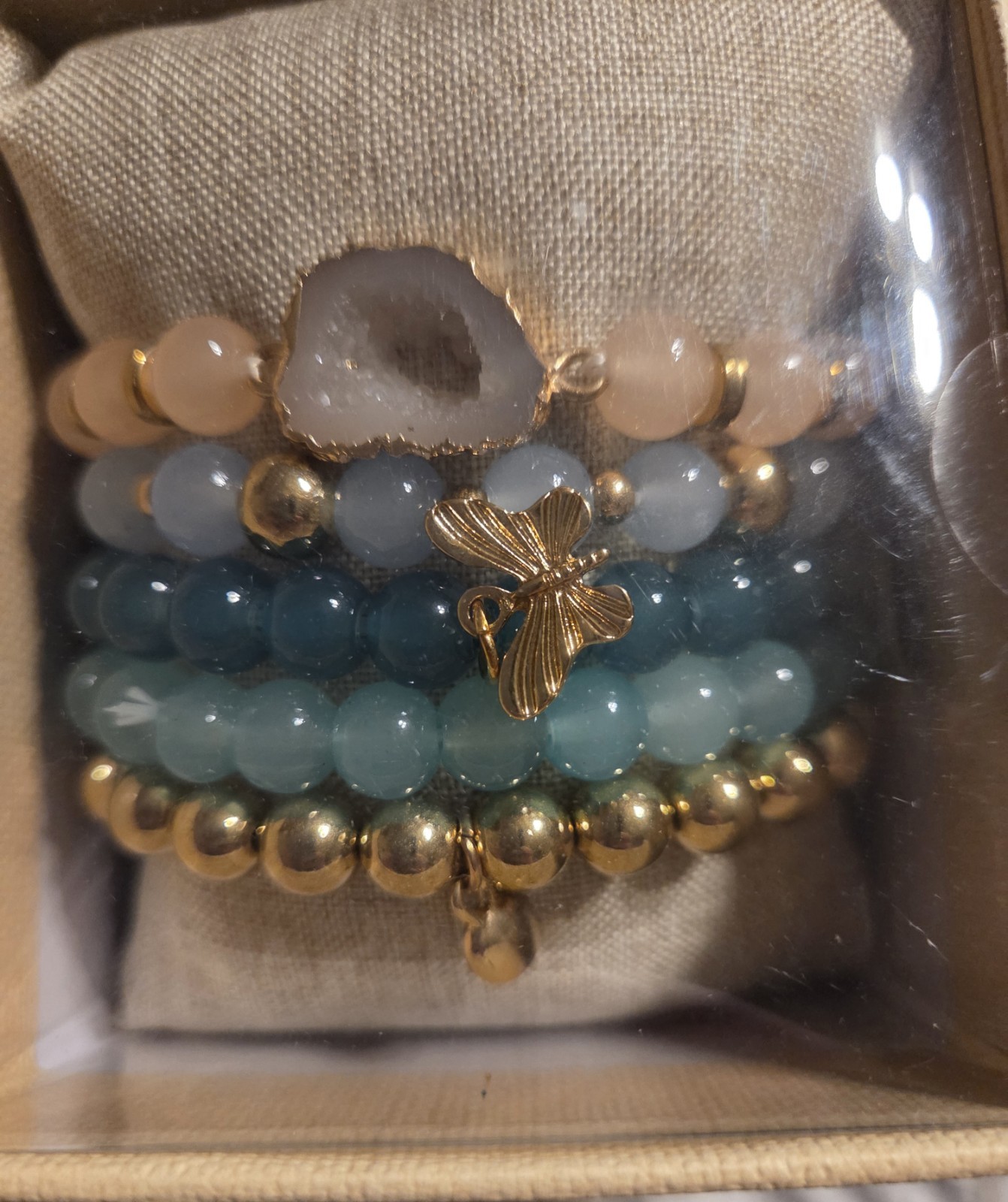 Nicole Miller NIB 5 Stackable Faux Gemstone Bracelets On Pillow In Box (Geode) gallery
