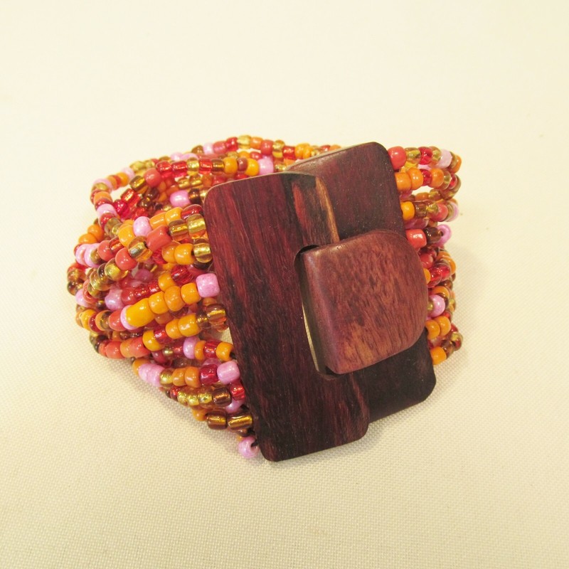 Orange Pink Gold Handmade Beaded Stretch Wood Buckle Seed Bead Bali Bracelet gallery