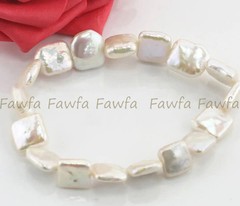 11-12mm Square Natural White Cultured Freshwater Pearl Elastic Bracelet 7.5”