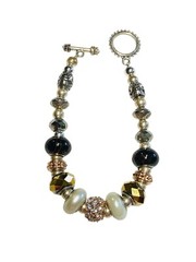Crystal Bracelet Aurora Borealis Beaded Iridescent Black Silver & Gold Tones EUC
