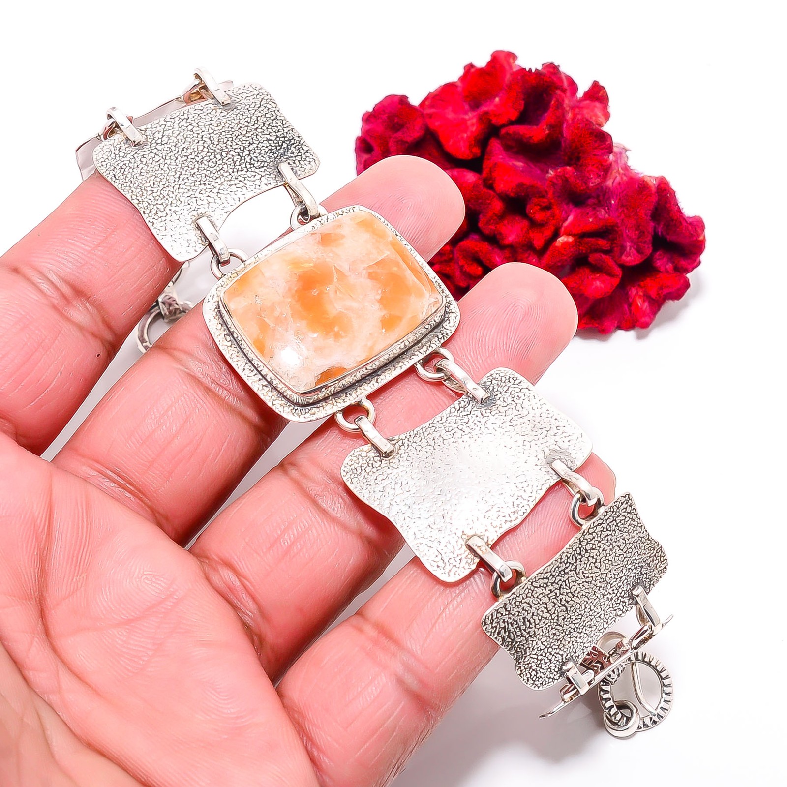 Orange Calcite- Peru 925 Sterling Textured Silver Bracelet 8.99" B84347 gallery