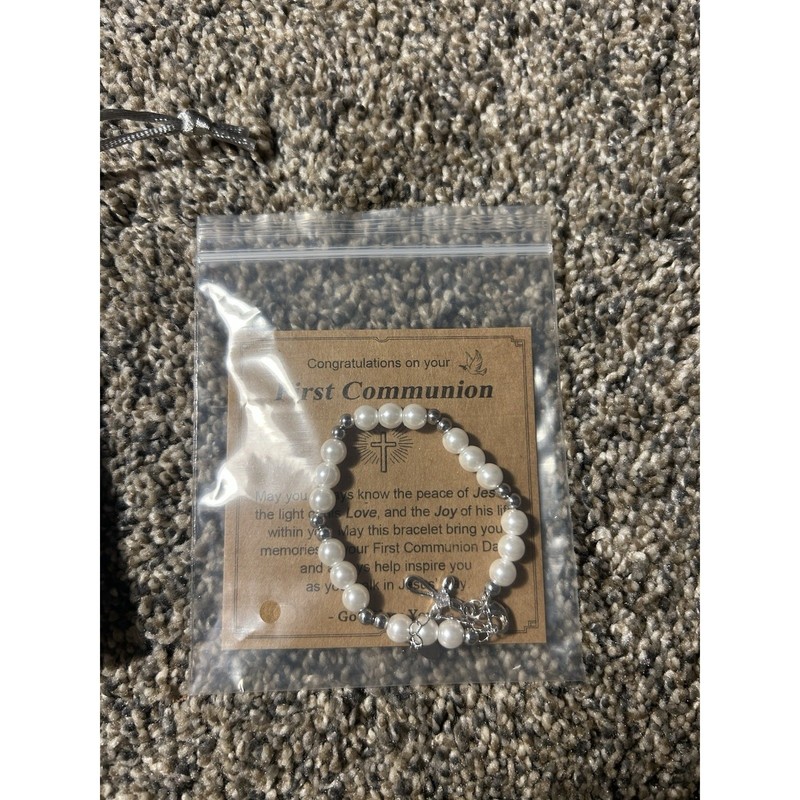 Tarsus 1st Communion Bracelet - Faux Pearls & Silver Toned Beads & Cross Charm gallery