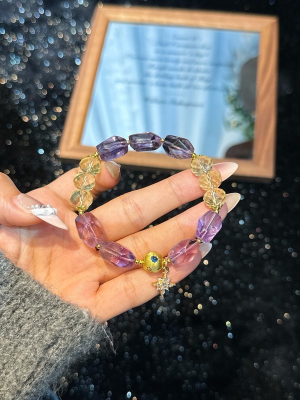 Natural Citrine Purple Amethyst Crystal Gold Plated Copper Stretch Bracelet Gift gallery
