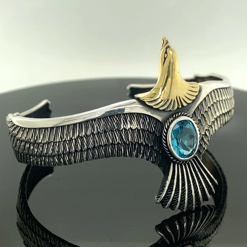 German Silver 925 Stamped Eagle Bracelet with Aquamarine Cuff Bangle gallery