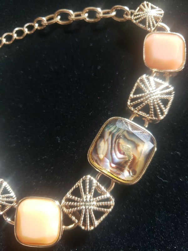 Chunky Peach Rhinestone Chain Bracelet Signed NRO Glam ART DECO Geometric 7"-8” gallery