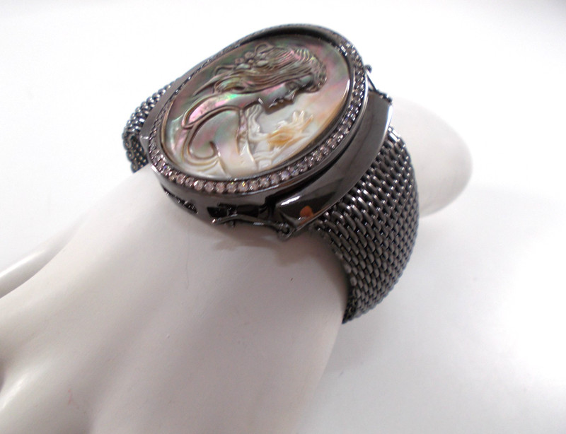 Amedeo NYC Carved Shell Cameo Rhinestone Frame Gun Metal Mesh Bracelet gallery