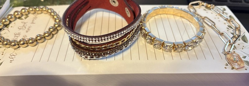Gold, Brown & Silver Beaded, Leather & Metal Bracelet Lot with Dangle Charms gallery