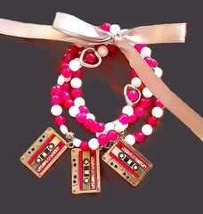 Lot of 3: Berry White LOVE Cassette/Heart Agate Stretch Bracelets, 6-7 in, NEW