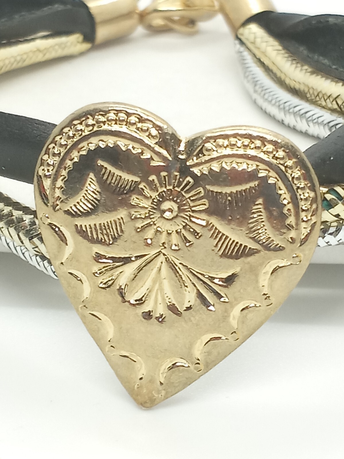 Gold Tone Heart Bracelet Black and Silver Wrap Bands Fashion Jewelry gallery