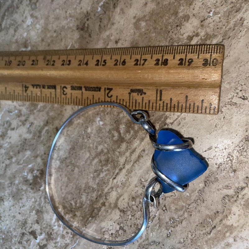Sterling Silver Bangle Bracelet Hook and Eye Clasp Blue Sea Glass Artist Made gallery