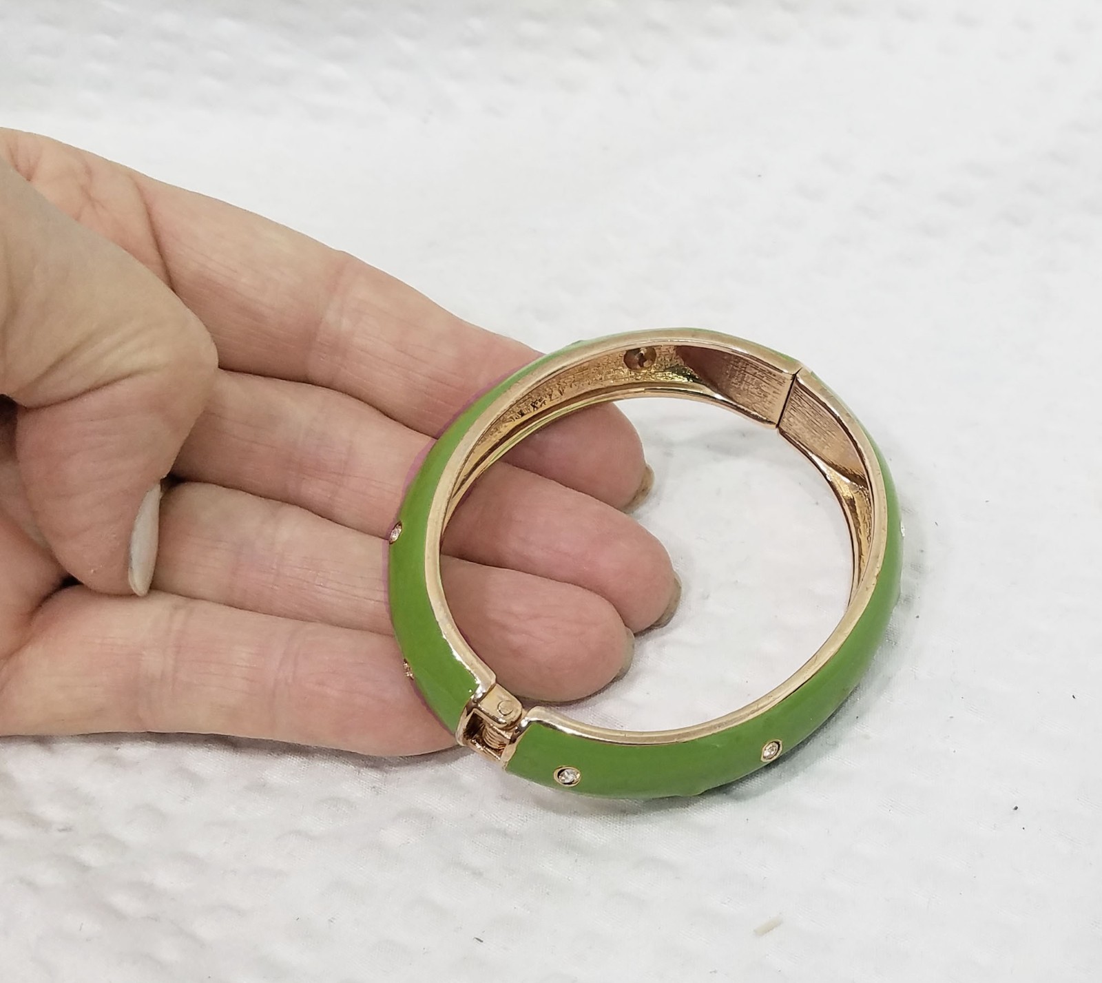 New! Celery Green Enameled Gold Tone and Crystal Oval Domed Clamper Bracelet gallery