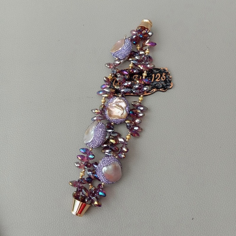 3 Rows Purple Keshi Pearl Crystal Bracelet 8" gallery