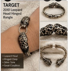 Target 2010 Leopard Head Hinged Bangle Bracelet Silver Tone Black Enamel
