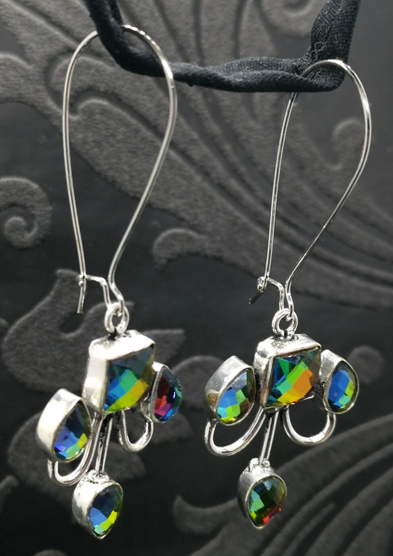 Rainbow Mystic Topaz Silver Dangles Drop French-wire Huggie Earrings 68mm (906H) gallery