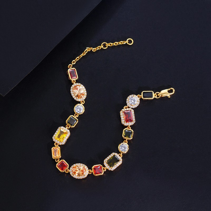Fashion Gold Plated Multicolor Geometric CZ Zirconia Tennis Chain Bracelet Women gallery