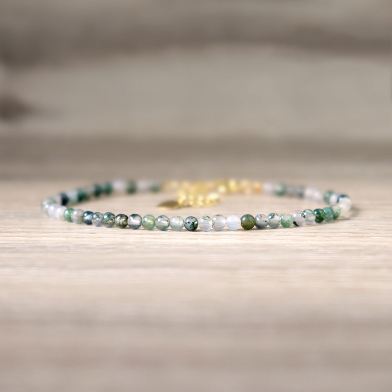Moss Agate Crystal Gemstone Dainty Bracelet Minimalist Healing 3mm Round Beads gallery