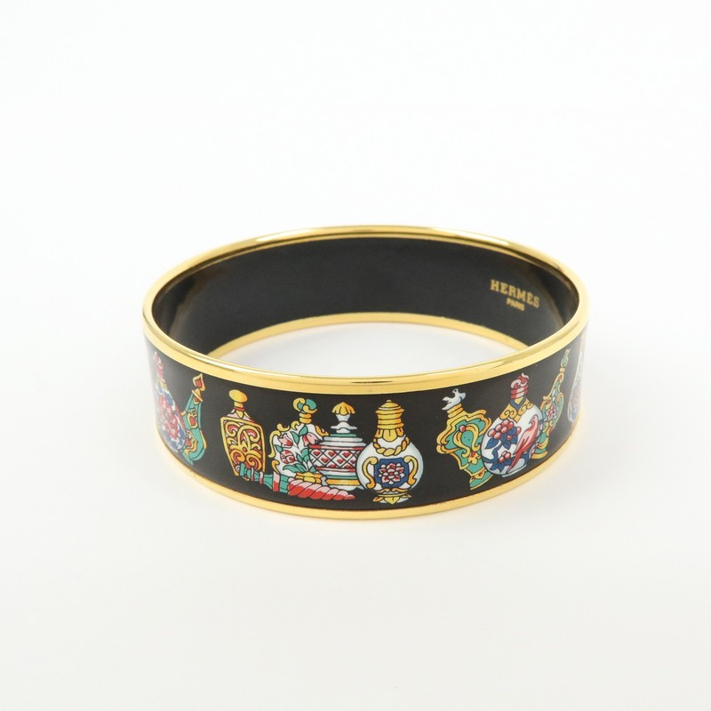 HERMES Email GM Gold Plated Bangle Bracelet Black Gold Authentic Used F/S gallery