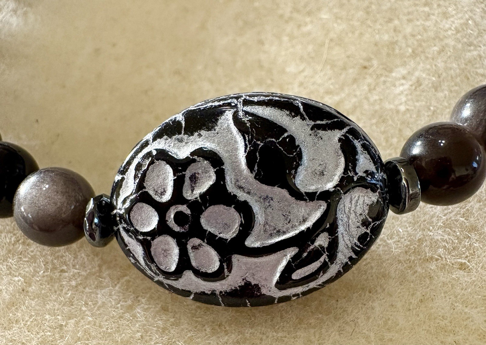 Silver Obsidian Bracelet With Flower Focal gallery