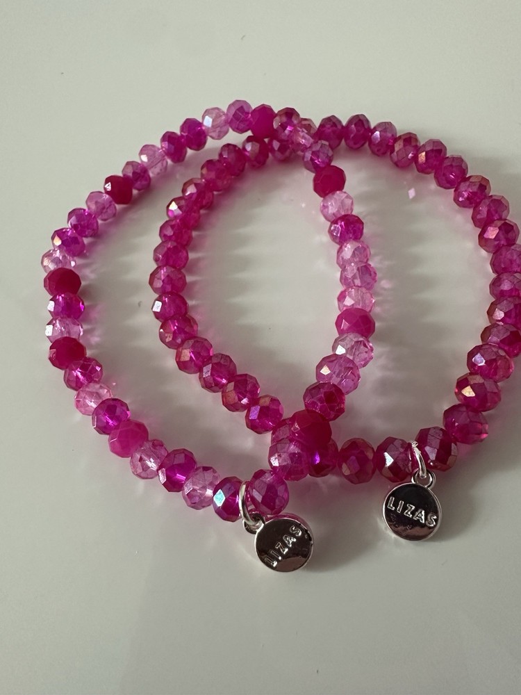LIZAS Pink Beaded Stackable Bracelet Set of 2 7 in Dangle Charm Ball Chain