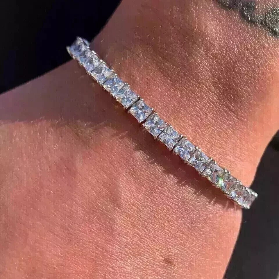 9CT Princess Shape Simulated Diamond Men's Tennis Bracelet 14K White Gold Plated gallery