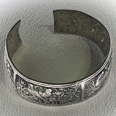 Tibetan Silvertone Bangle Cuff Bracelet with Peacocks, Love Birds and Deer
