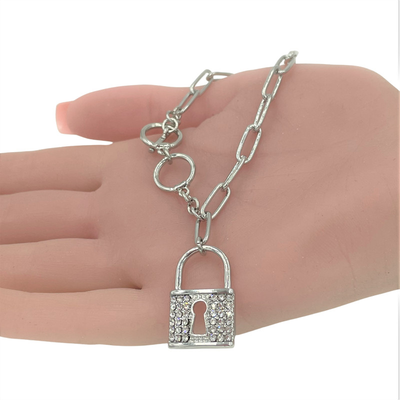 Crystal Lock Charm Chain Link Bracelet Silver Alloy gallery