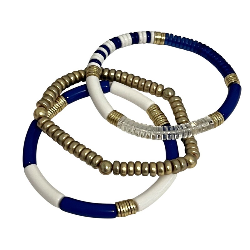Set of 3 Stretch Bracelets Blue White Gold Tone Beaded Stack Boho gallery