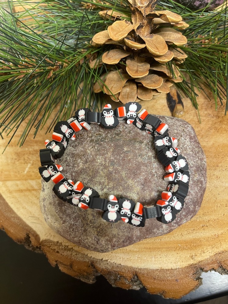 Santa Penguins Polymer Clay beaded Stretch bracelet