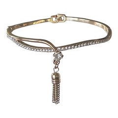 Cuff Bracelet Gold Chain Tassel Charm Crystal Rhinestone Embellished 7.5 Inches