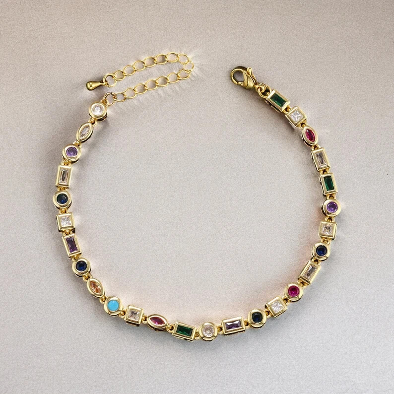 6 Ct Round Simulated Multi-Gemstones 925 Sterling Silver Women's Tennis Bracelet
