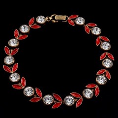 French Early Art Deco Rose Cut Black Dot Paste Red Enamel Laurel Leaf Bracelet
